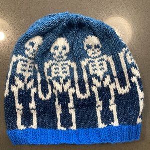 Hand knit winter toboggan - blue with skeletons